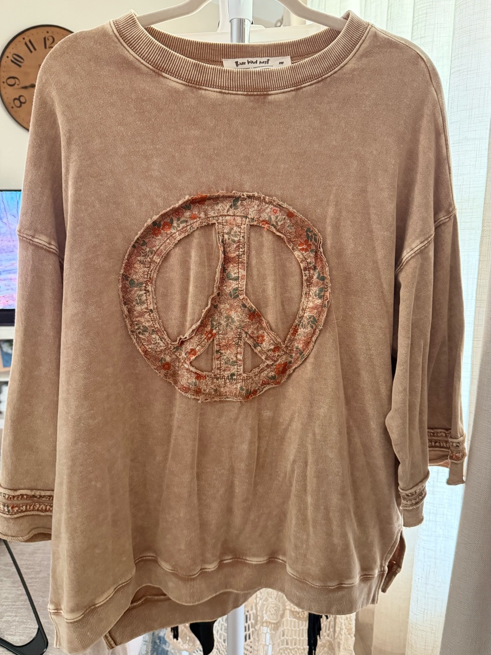 Thee Bird Nest Beige Peace Applique Pullover Top